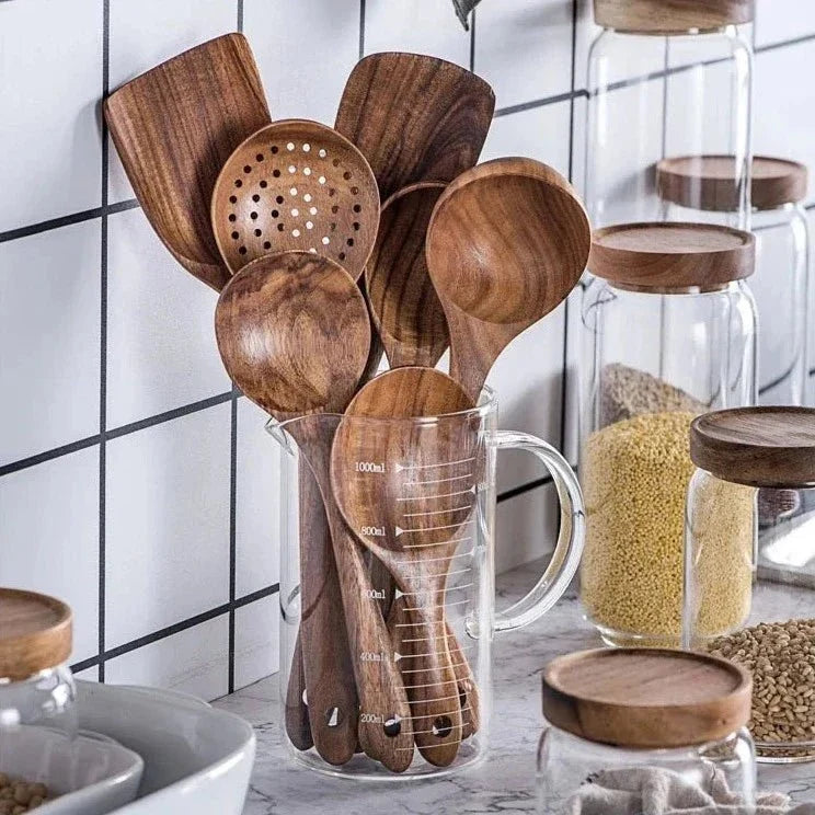 Teak Wood Cooking Utensils with Stand, 7 Pieces