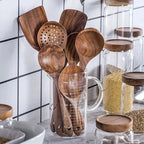 Teak Wood Cooking Utensils with Stand, 7 Pieces