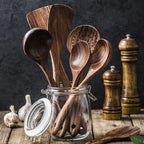 Teak Wood Cooking Utensils with Stand, 7 Pieces