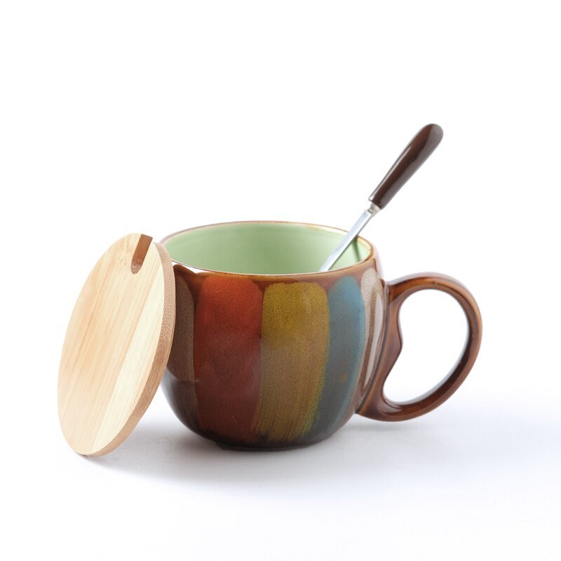 Glazed Ceramic Mug with Lid and Spoon, 350 ml