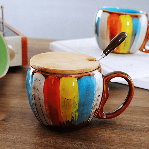 Glazed Ceramic Mug with Lid and Spoon, 350 ml