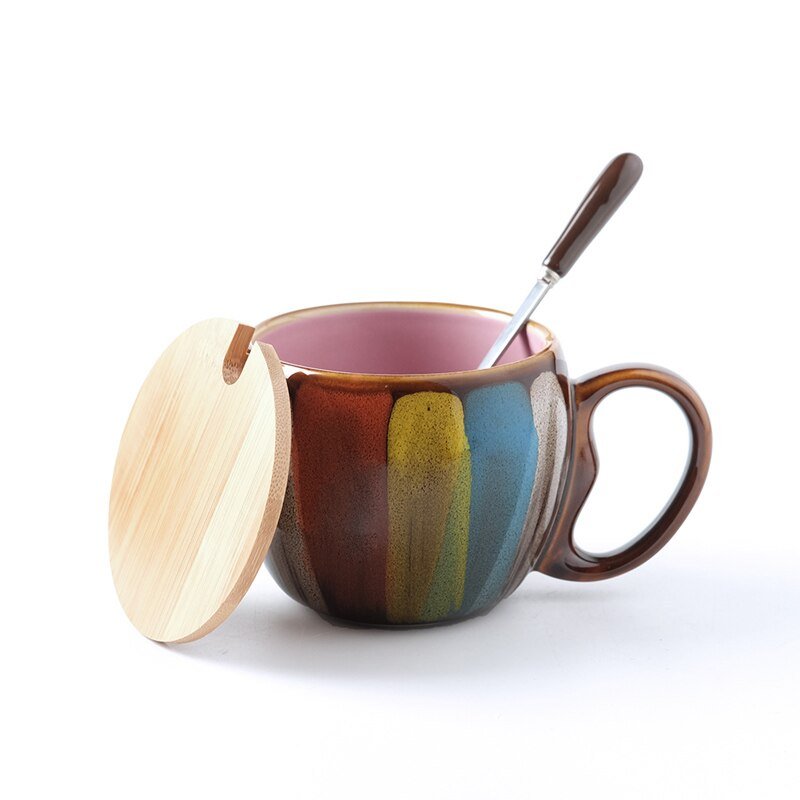 Glazed Ceramic Mug with Lid and Spoon, 350 ml