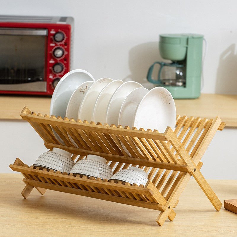 Folding Bamboo Dish Drying Rack, 2 Tiers