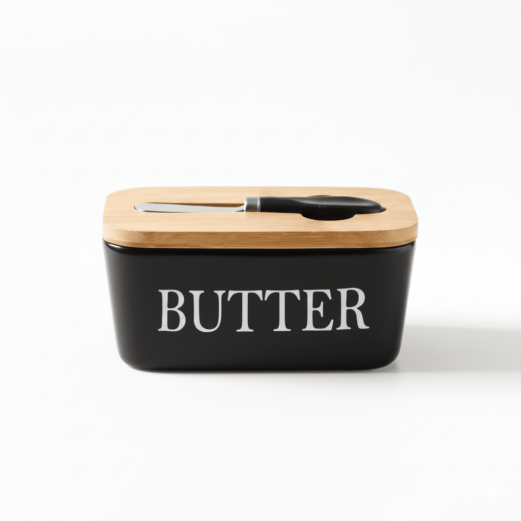 Ceramic Butter Dish with Bamboo Lid and Knife