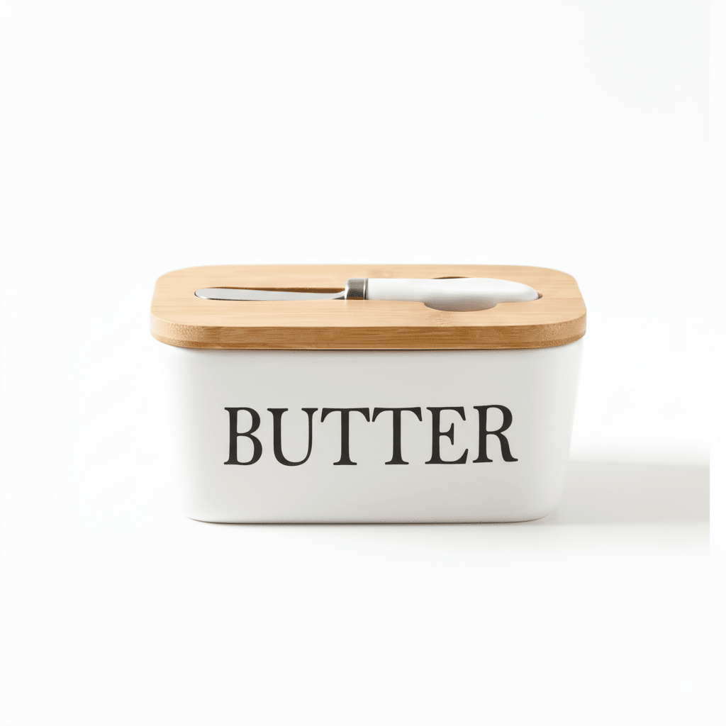 Ceramic Butter Dish with Bamboo Lid and Knife