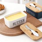 Ceramic Butter Dish with Bamboo Lid and Knife
