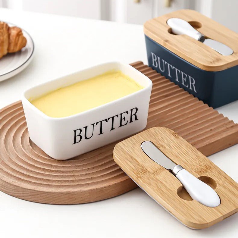Ceramic Butter Dish with Bamboo Lid and Knife