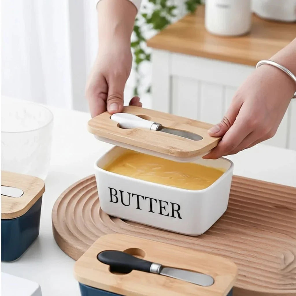 Ceramic Butter Dish with Bamboo Lid and Knife