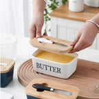 Ceramic Butter Dish with Bamboo Lid and Knife