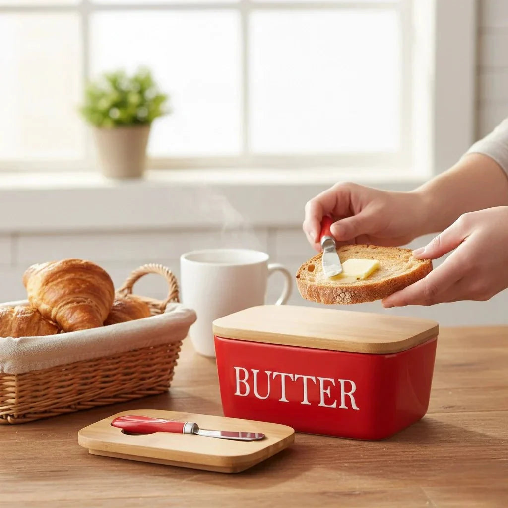 Ceramic Butter Dish with Bamboo Lid and Knife