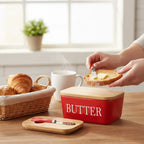 Ceramic Butter Dish with Bamboo Lid and Knife