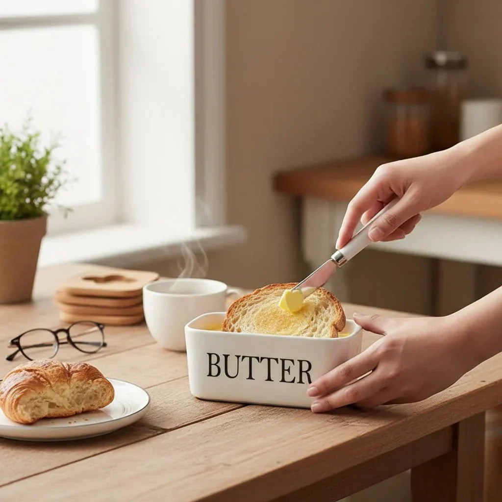 Ceramic Butter Dish with Bamboo Lid and Knife