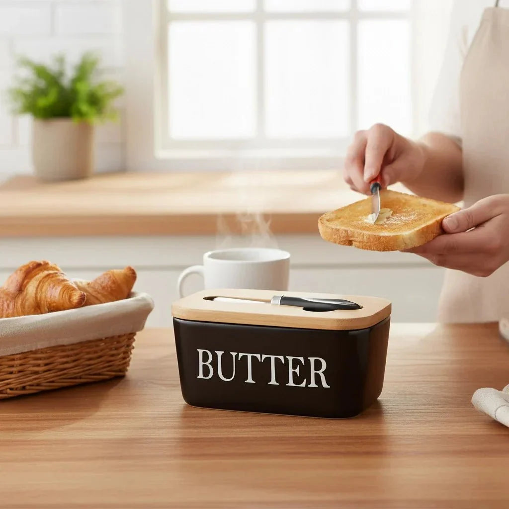 Ceramic Butter Dish with Bamboo Lid and Knife
