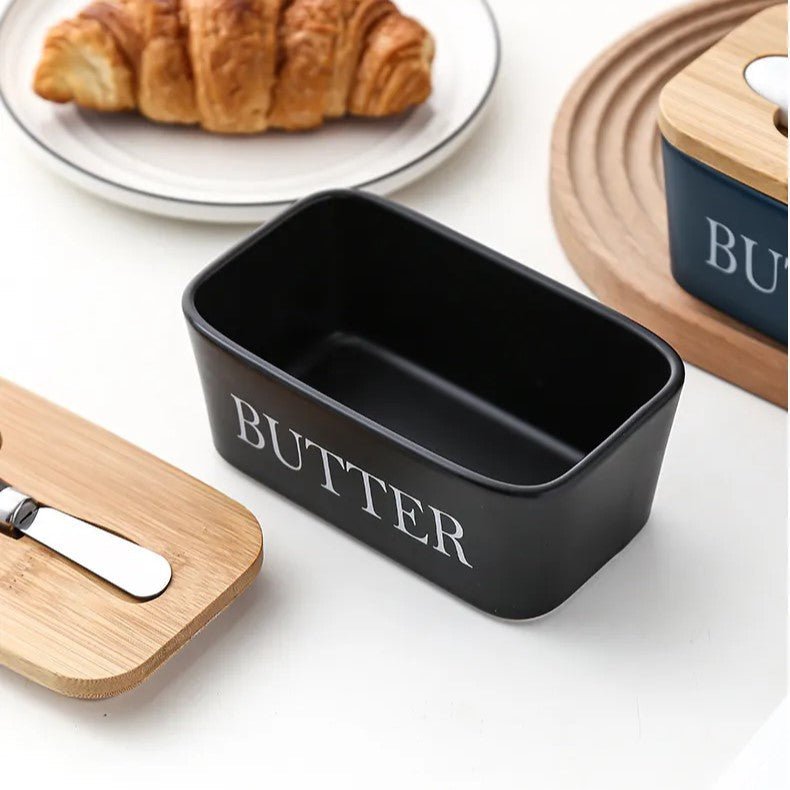 Ceramic Butter Dish with Bamboo Lid and Knife