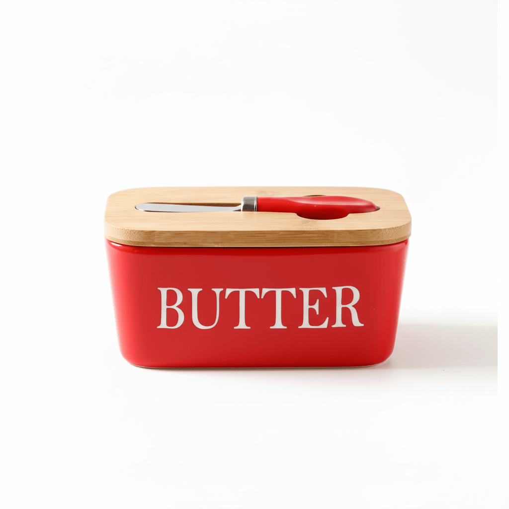 Ceramic Butter Dish with Bamboo Lid and Knife
