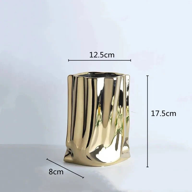 Metallic Finish Pleated Ceramic Vase