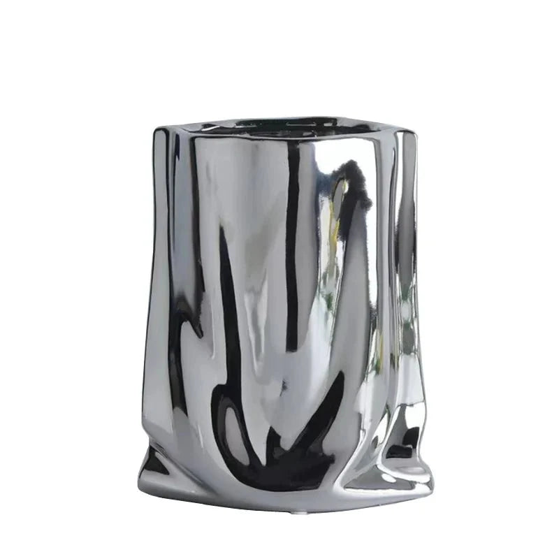 Metallic Finish Pleated Ceramic Vase