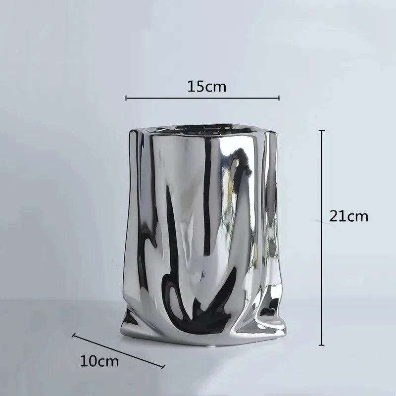 Metallic Finish Pleated Ceramic Vase