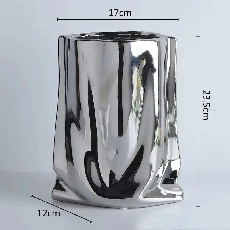 Metallic Finish Pleated Ceramic Vase