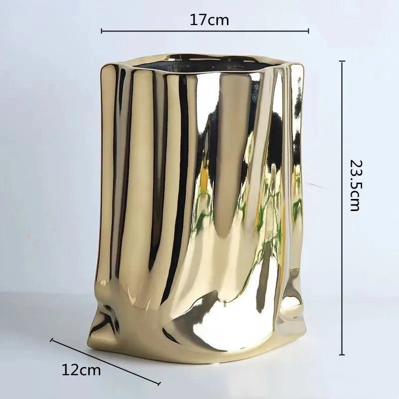 Metallic Finish Pleated Ceramic Vase