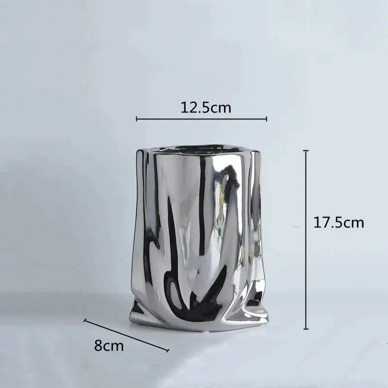 Metallic Finish Pleated Ceramic Vase