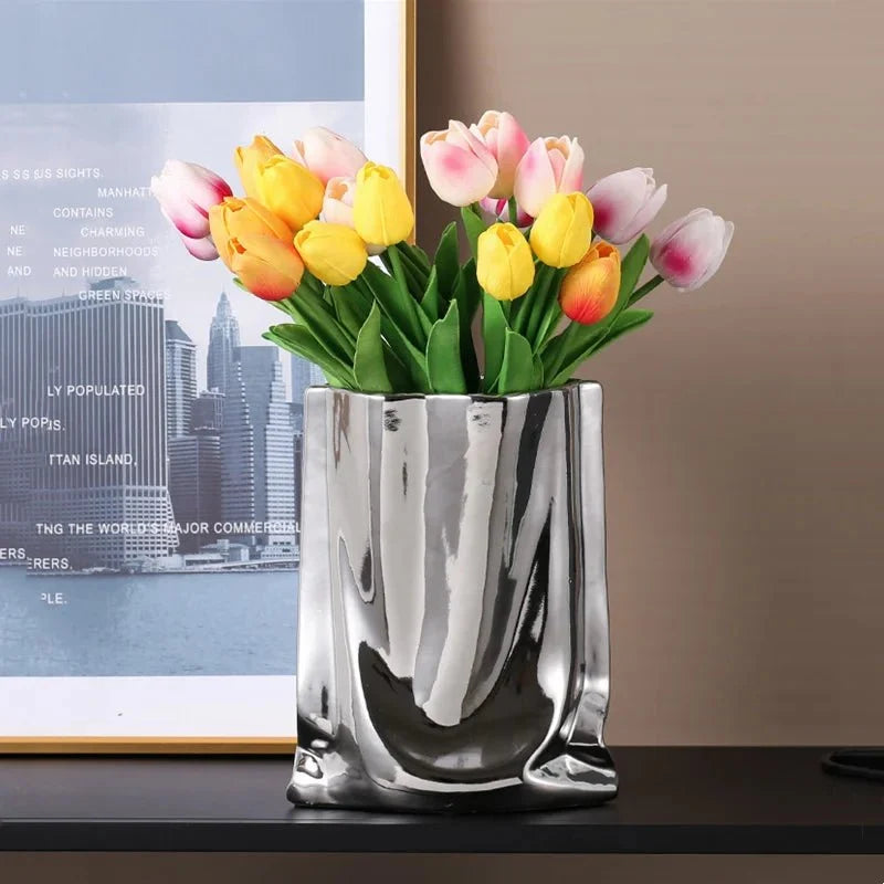 Metallic Finish Pleated Ceramic Vase