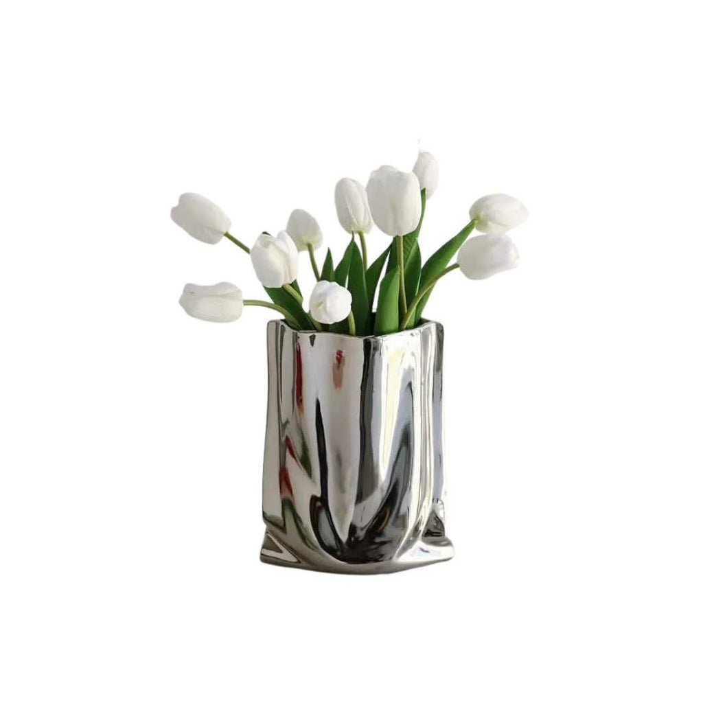 Metallic Finish Pleated Ceramic Vase