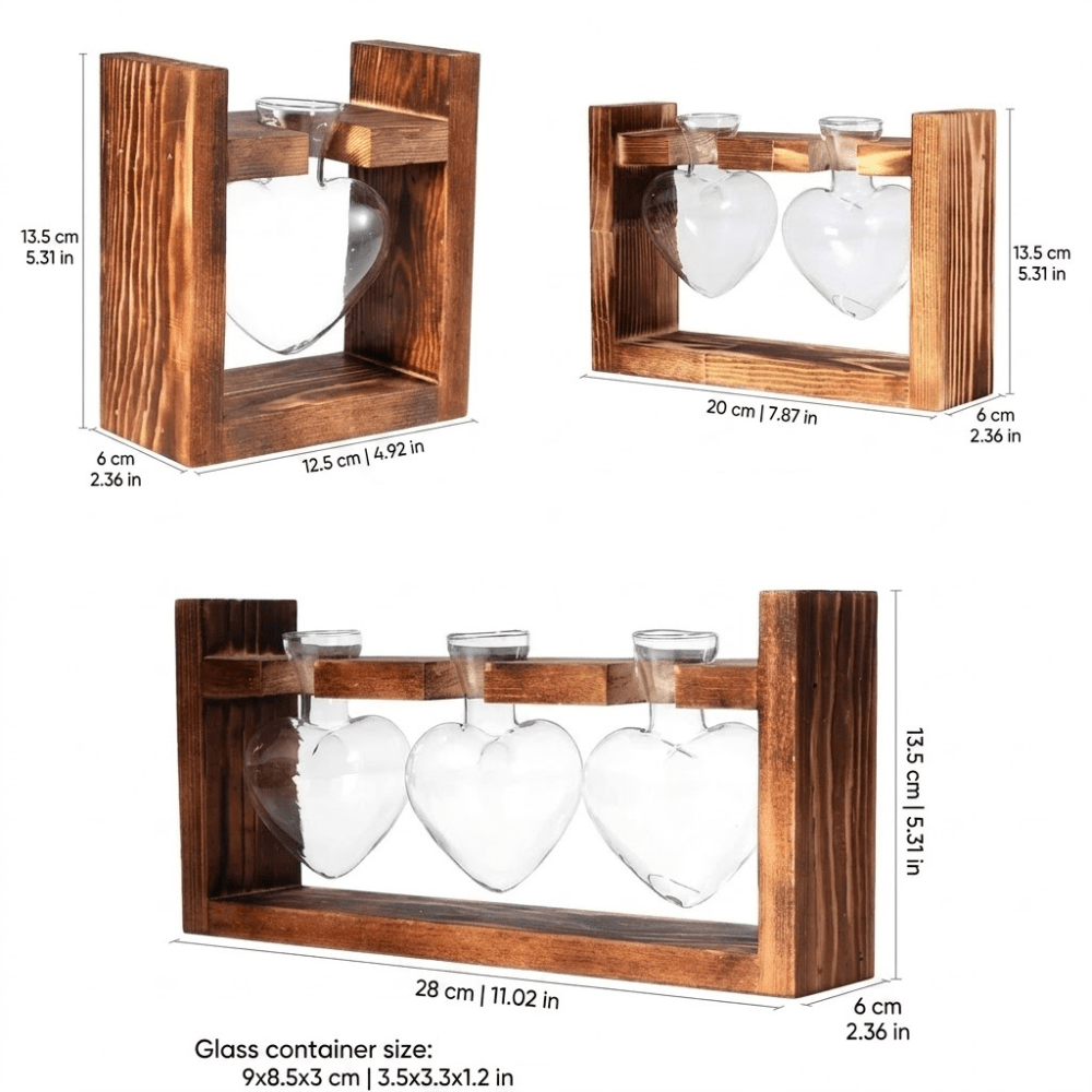 Heart-Shaped Glass Propagation Vase with Wooden Stand