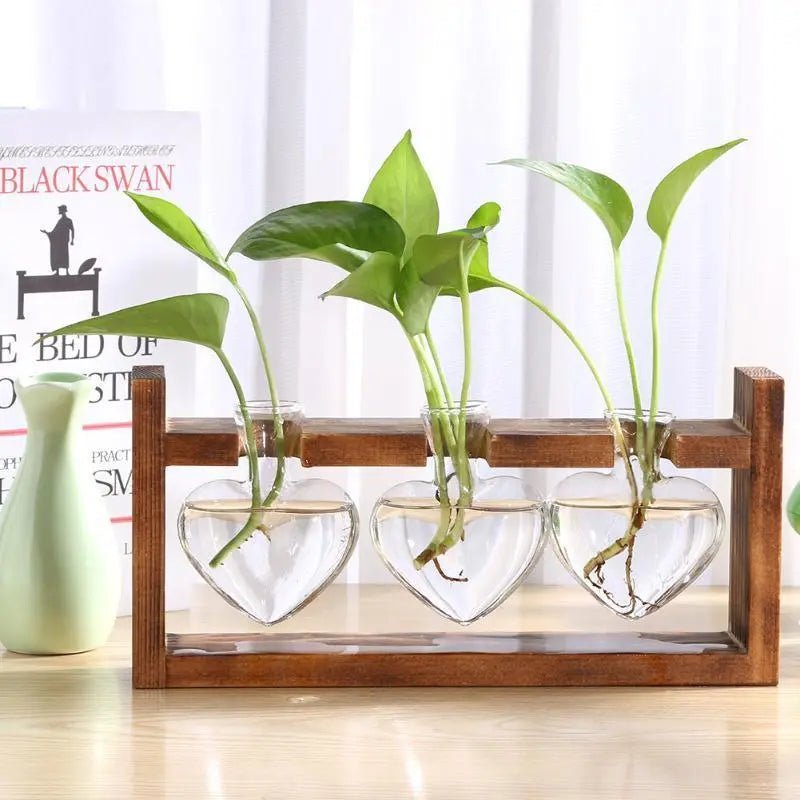 Heart-Shaped Glass Propagation Vase with Wooden Stand