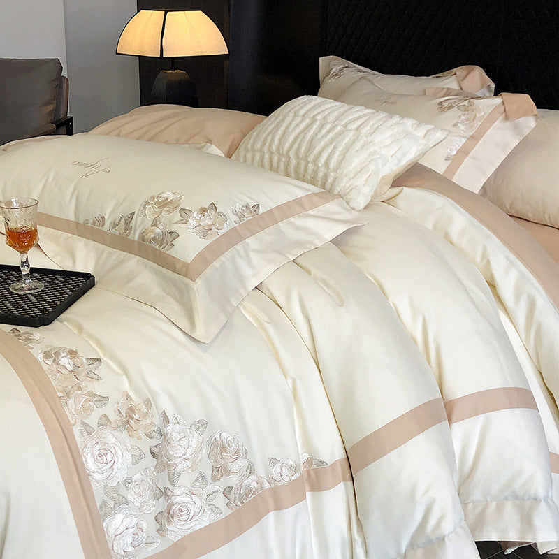 Rose Embroidered Cotton Sateen Bedding Set