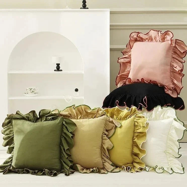 Two-Tone Ruffled Cotton Cushion Cover, 45 x 45 cm