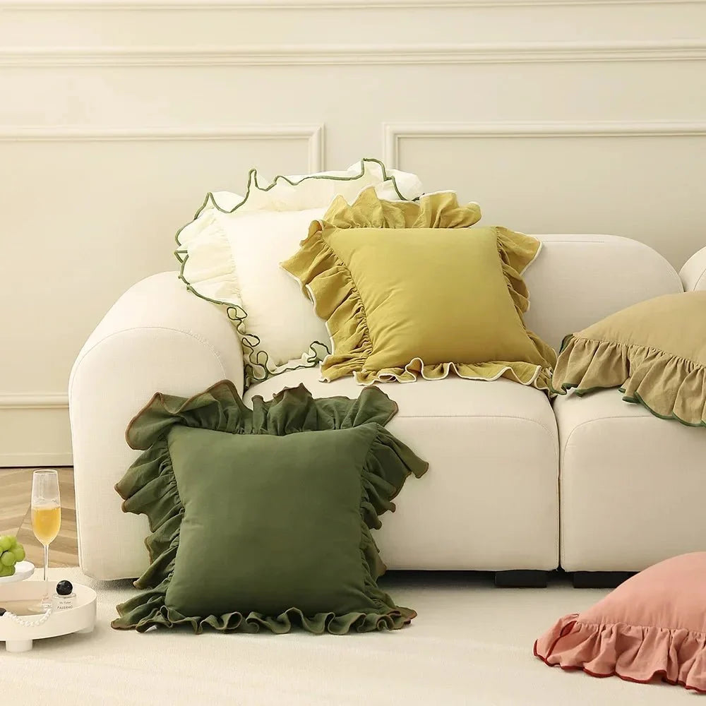 Two-Tone Ruffled Cotton Cushion Cover, 45 x 45 cm