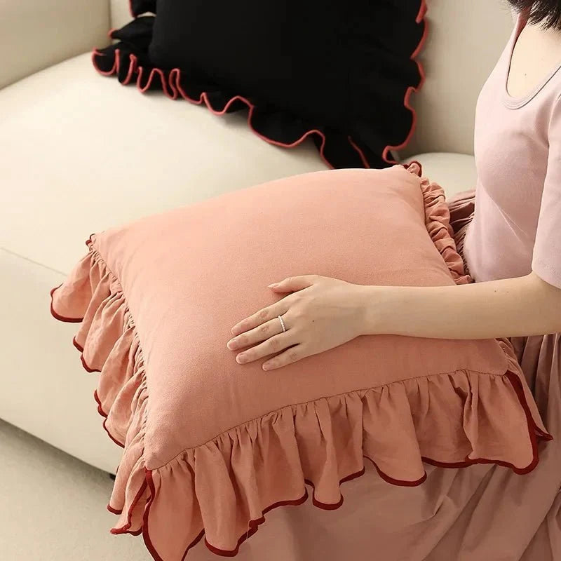 Two-Tone Ruffled Cotton Cushion Cover, 45 x 45 cm