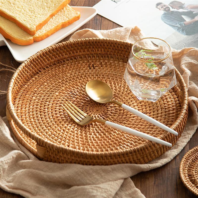 Round Rattan Serving Tray with Handles