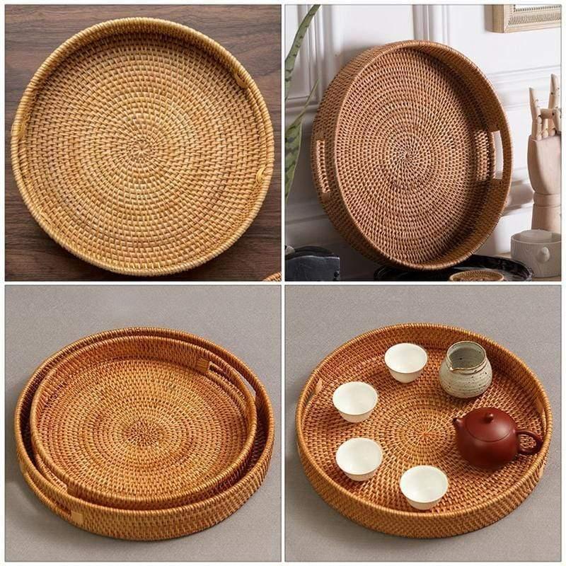 Round Rattan Serving Tray with Handles
