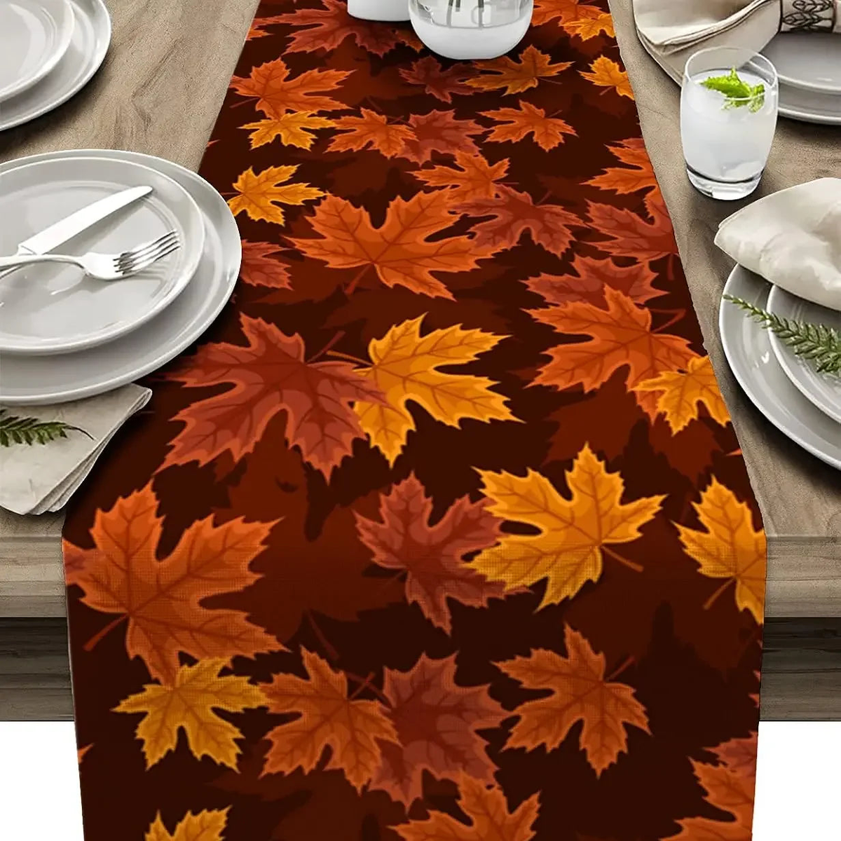 Maple Leaf Print Table Runner, Washable Brown and Orange Décor - product view 5
