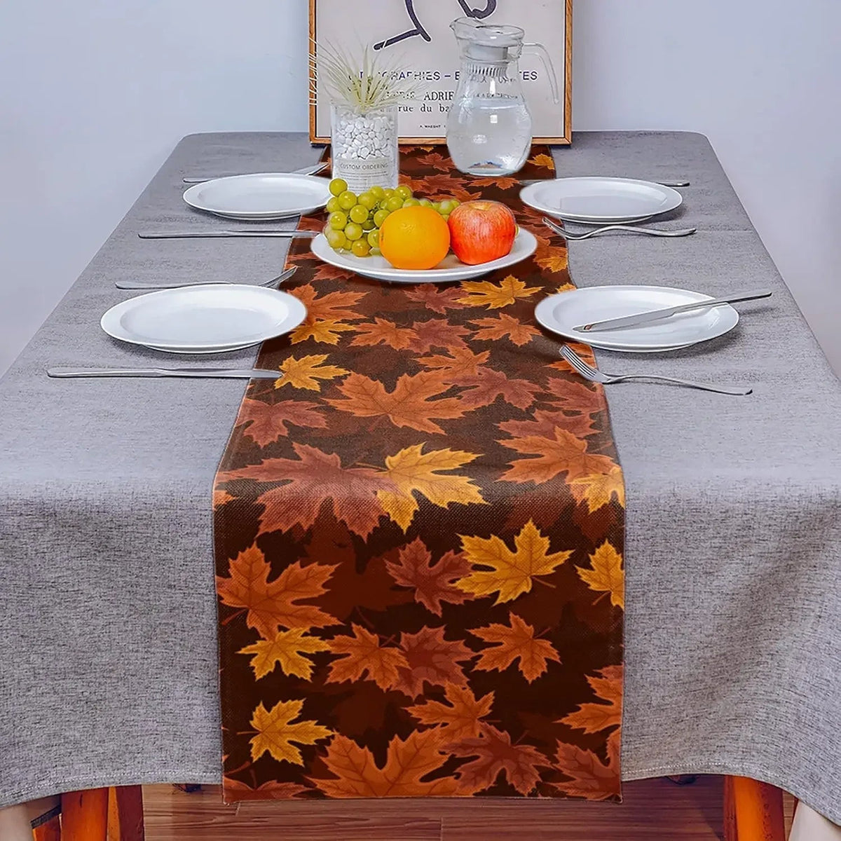 Maple Leaf Print Table Runner, Washable Brown and Orange Décor - product view 8