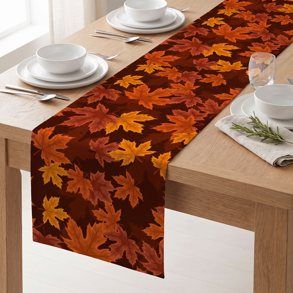 Maple Leaf Print Table Runner, Washable Brown and Orange Décor - product view 1
