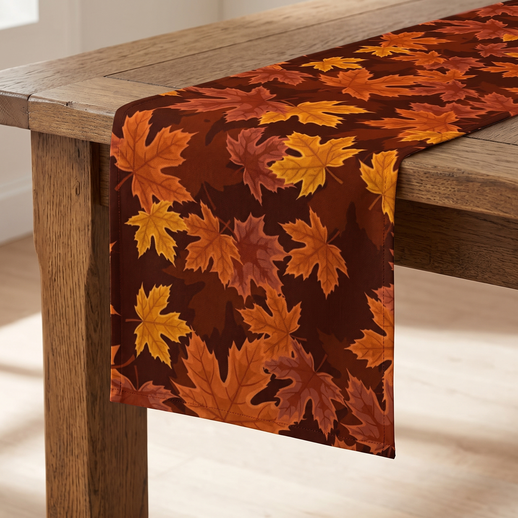 Maple Leaf Print Table Runner, Washable Brown and Orange Décor - product view 2