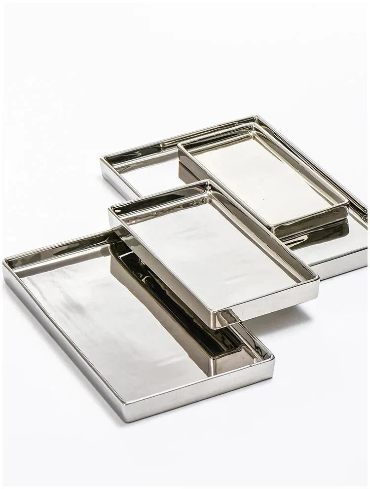 Silver Finish Rectangular Ceramic Display Tray