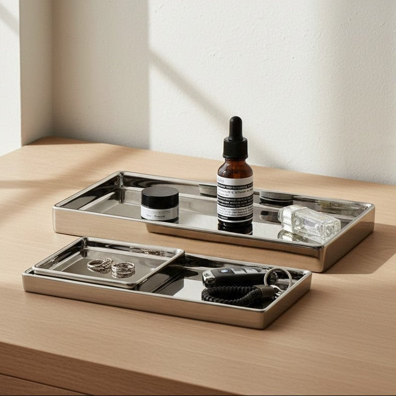 Silver Finish Rectangular Ceramic Display Tray