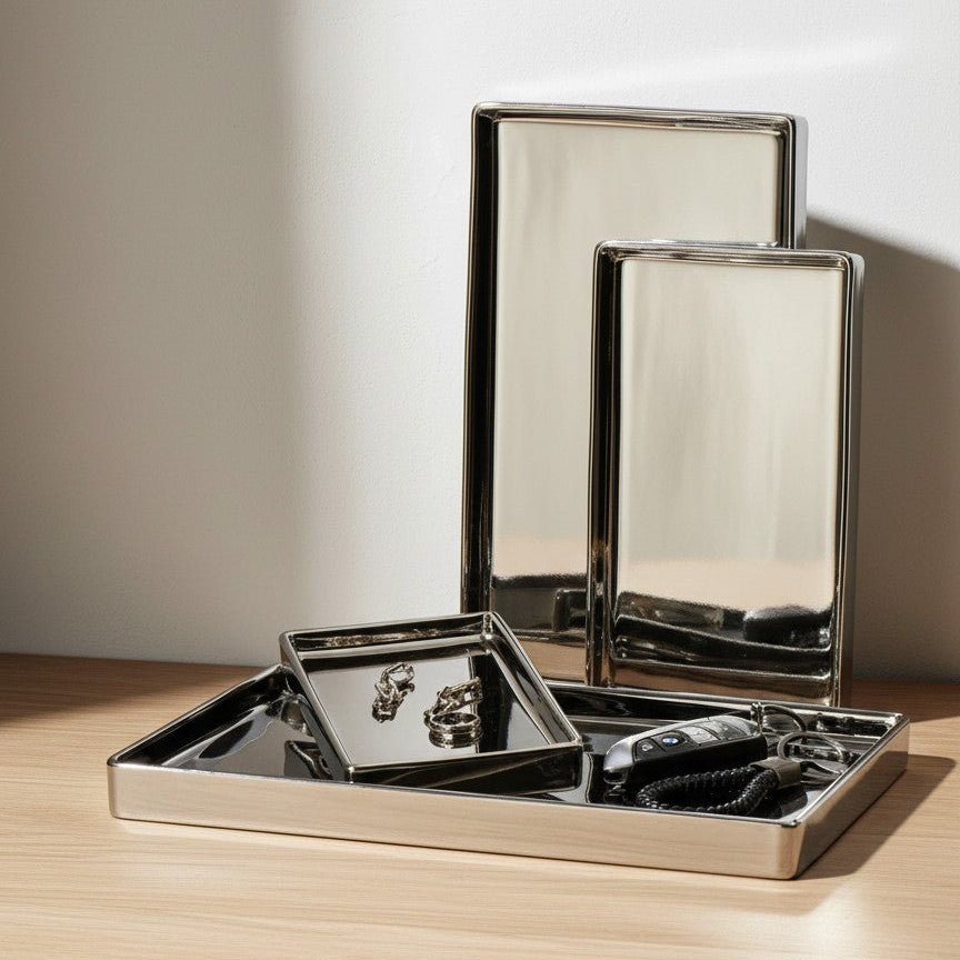 Silver Finish Rectangular Ceramic Display Tray