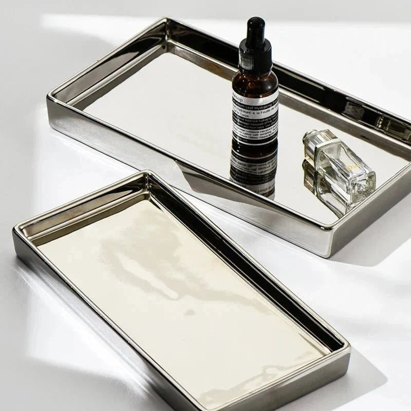Silver Finish Rectangular Ceramic Display Tray
