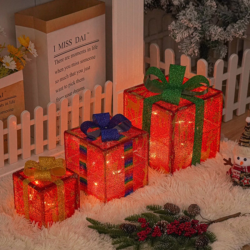 Battery-Powered LED Christmas Gift Boxes with Remote, Set of 3