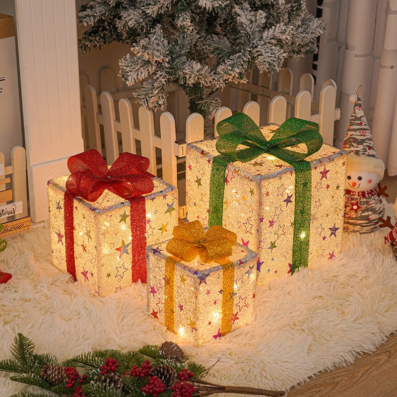Battery-Powered LED Christmas Gift Boxes with Remote, Set of 3