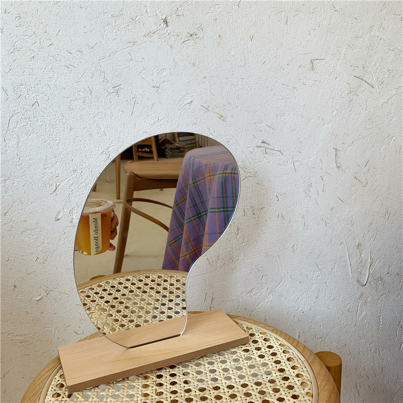Curved Acrylic Table Mirror with Wooden Base