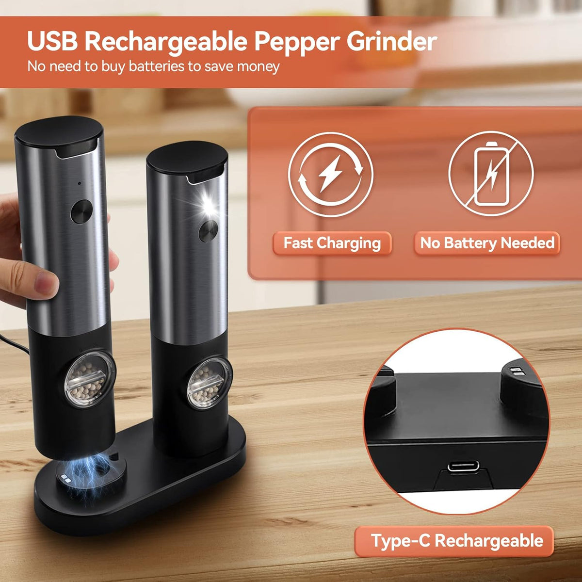 Rechargeable Electric Salt and Pepper Grinder Set with LED Light — product view 3