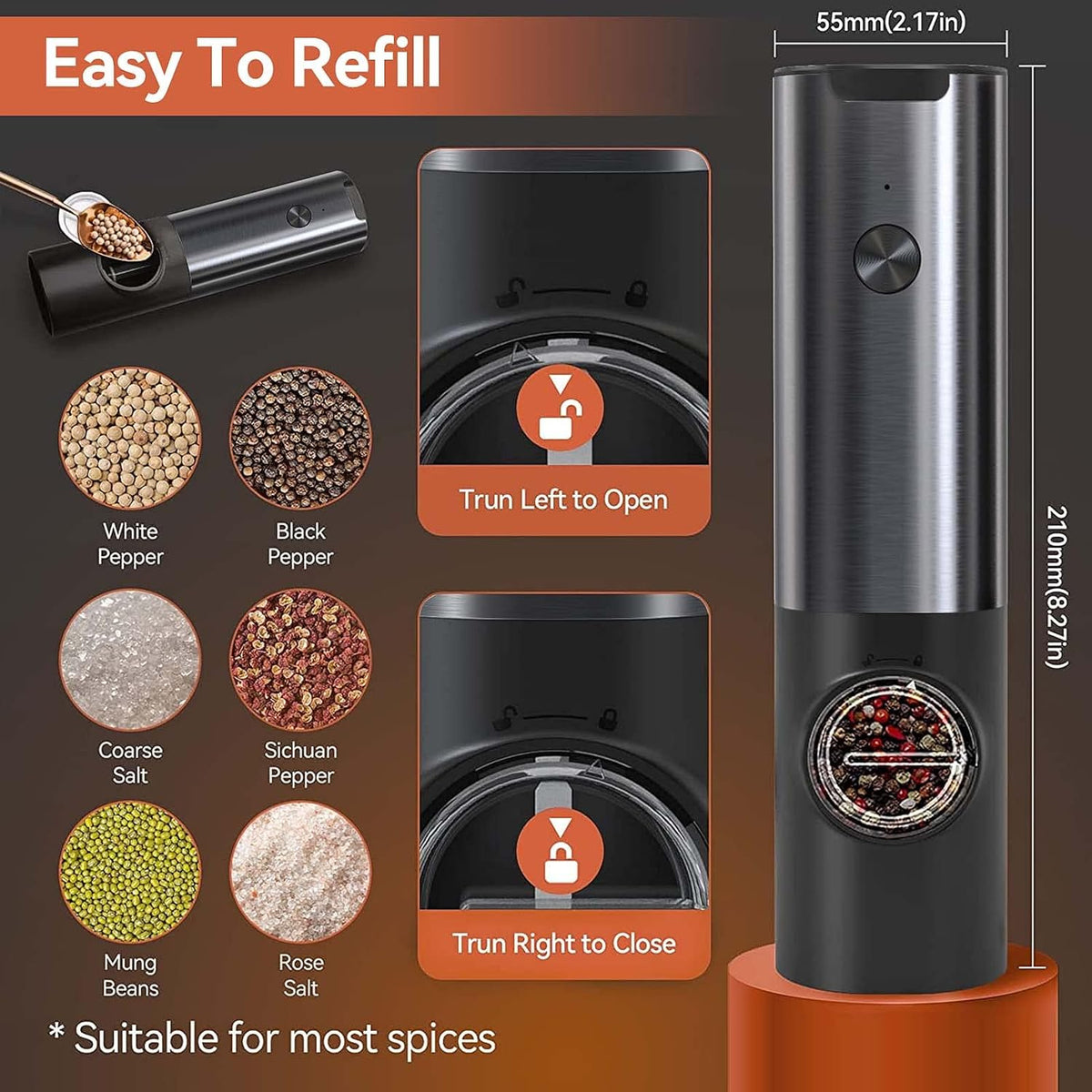 Rechargeable Electric Salt and Pepper Grinder Set with LED Light — product view 4