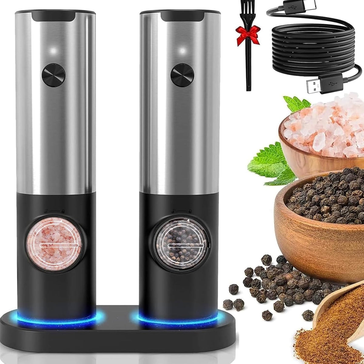 Rechargeable Electric Salt and Pepper Grinder Set with LED Light — product view 2