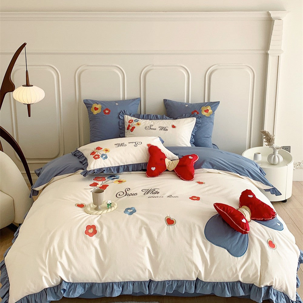 Ruffled Floral Quilted Bedding Set with Bow Cushions
